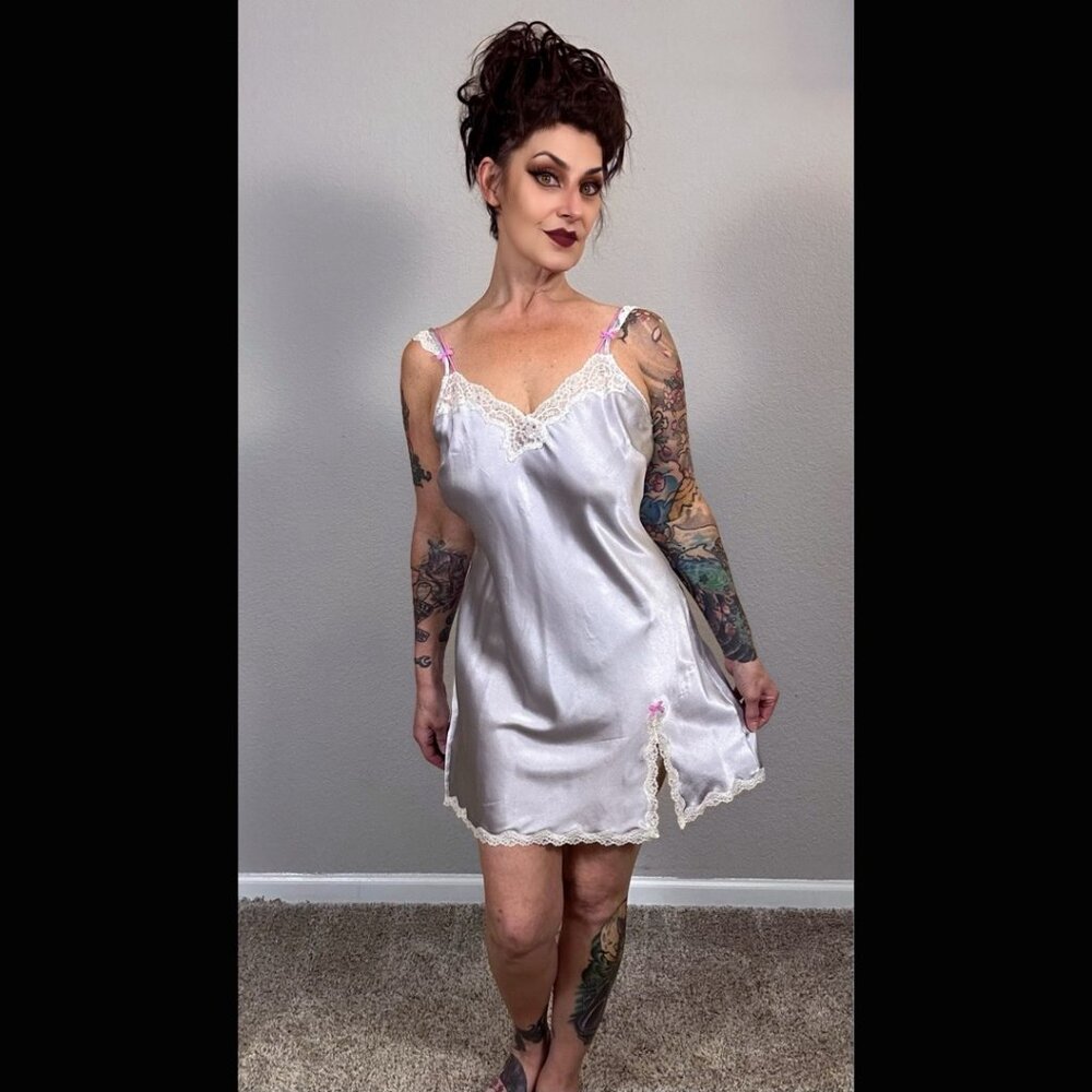 Y2K Victoria's Secret Pewter Pink Chemise Lingerie Slip Dress Rhinestones L